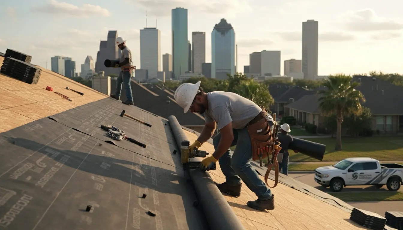 Roof on a Spring home, golden hour