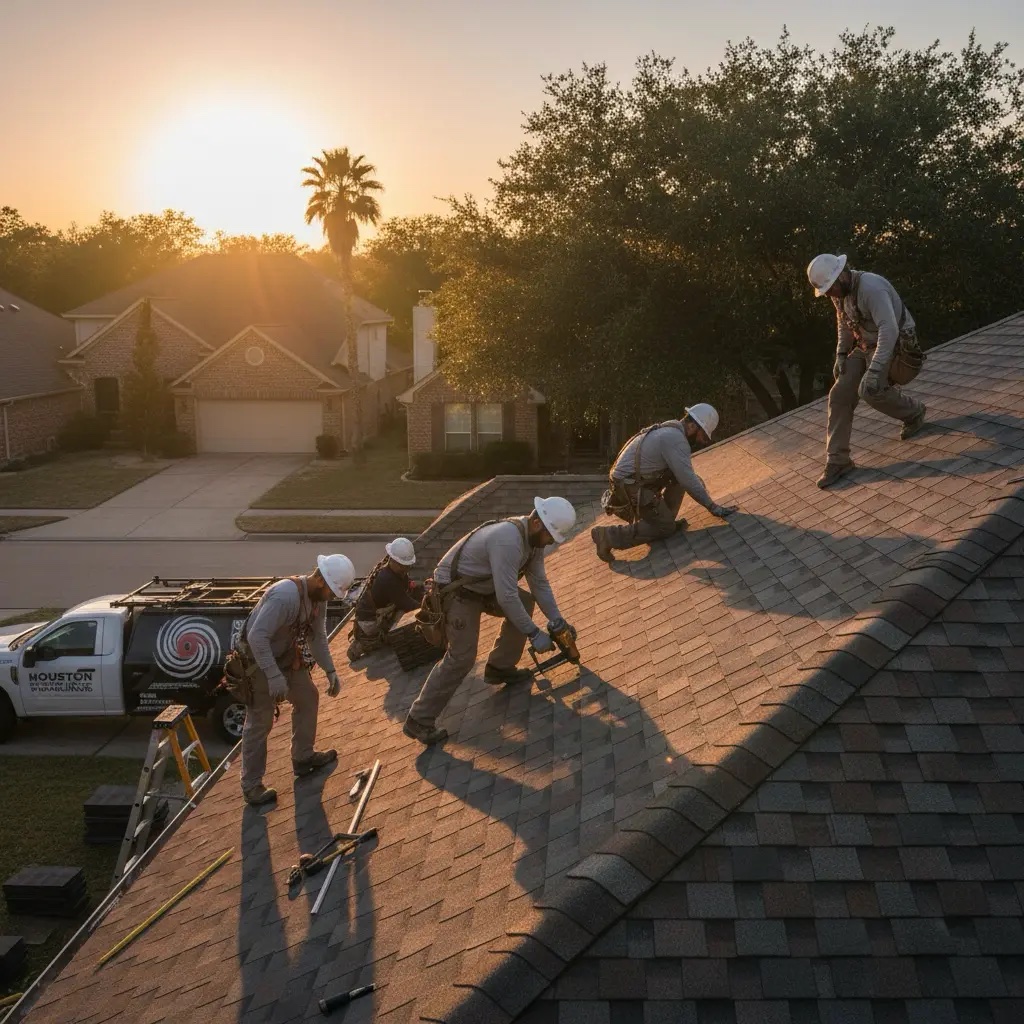 Roof on a The Woodlands home, golden hour